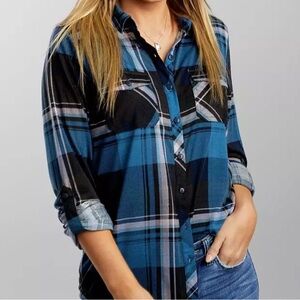 Express Blue and Black Plaid Button Down Shirt